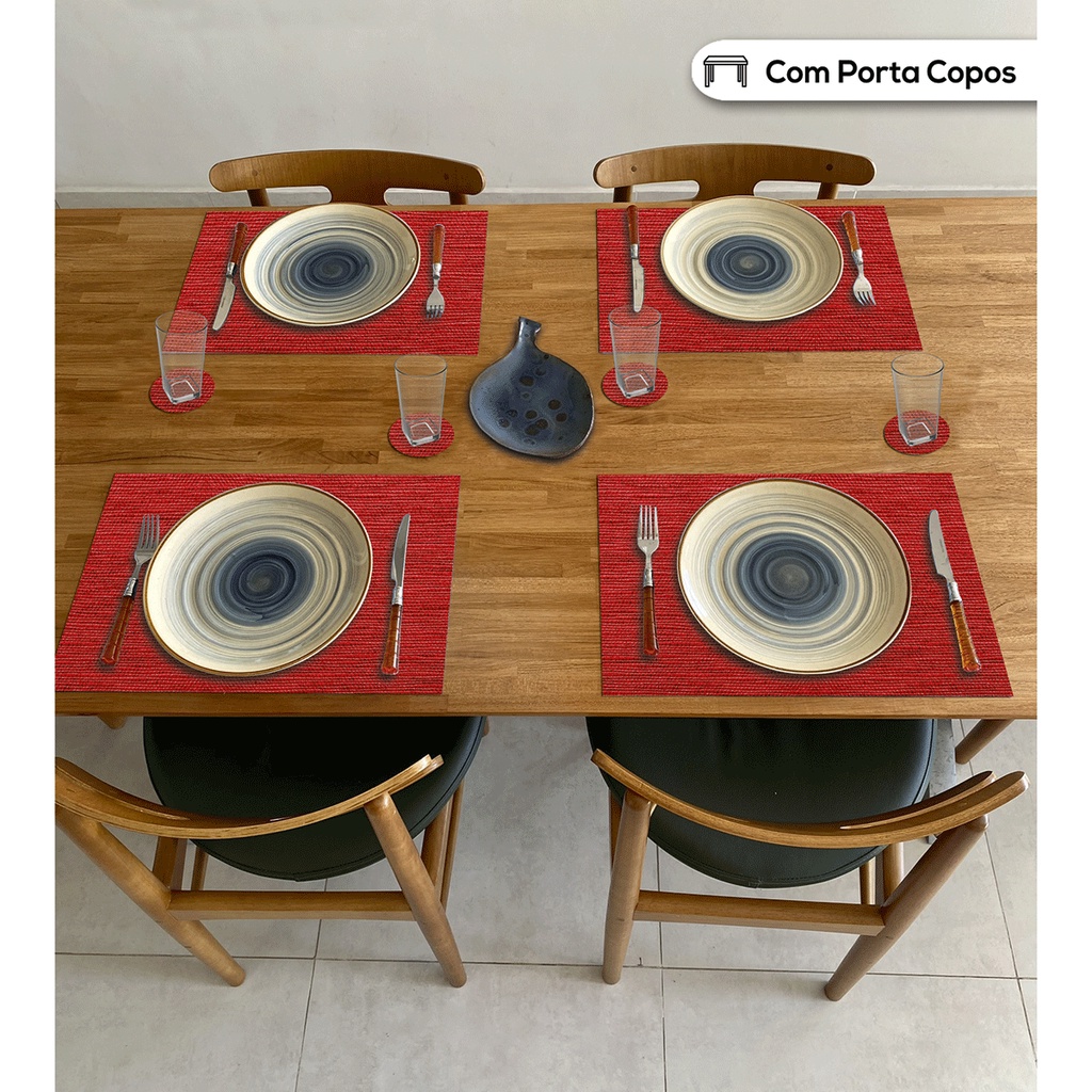 6 Lugares Americanos para Mesa e 6 Porta Copos em Sisal Vermelho - itens mesa posta jantar jogo de suplat souplast