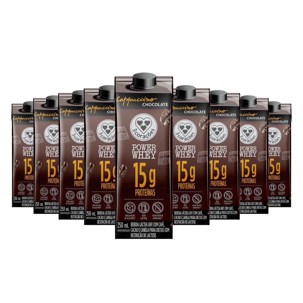 Bebida Proteica Power Whey Cappuccino Chocolate Cream 3 Corações (Cx 12un de 250ML) em Oferta na Shopee
