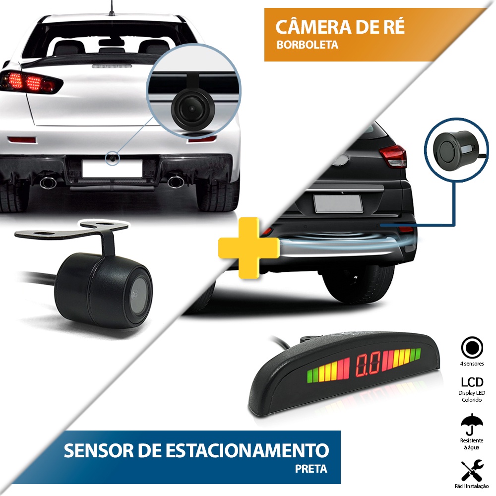 Kit Sensor de Ré Preto Fosco Emborrachado + Câmera de Ré Traseira Nissan X-terra Xterra 2004 2005 2006 2007 2008 Estacionamento Aviso Sonoro Display Medidor Distância