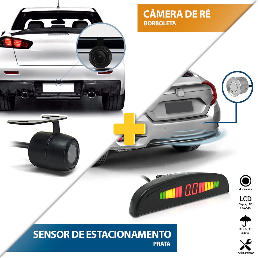 Kit Sensor de Ré Prata + Câmera de Ré Traseira Nissan X-terra Xterra 2004 2005 2006 2007 2008 Estacionamento Aviso Sonoro Display Medidor Distância