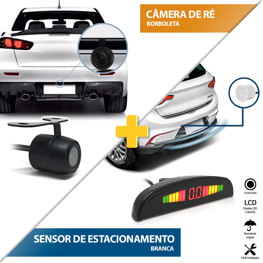 Kit Sensor de Ré Branco + Câmera de Ré Traseira Nissan X-terra Xterra 2004 2005 2006 2007 2008 Estacionamento Aviso Sonoro Display Medidor Distância