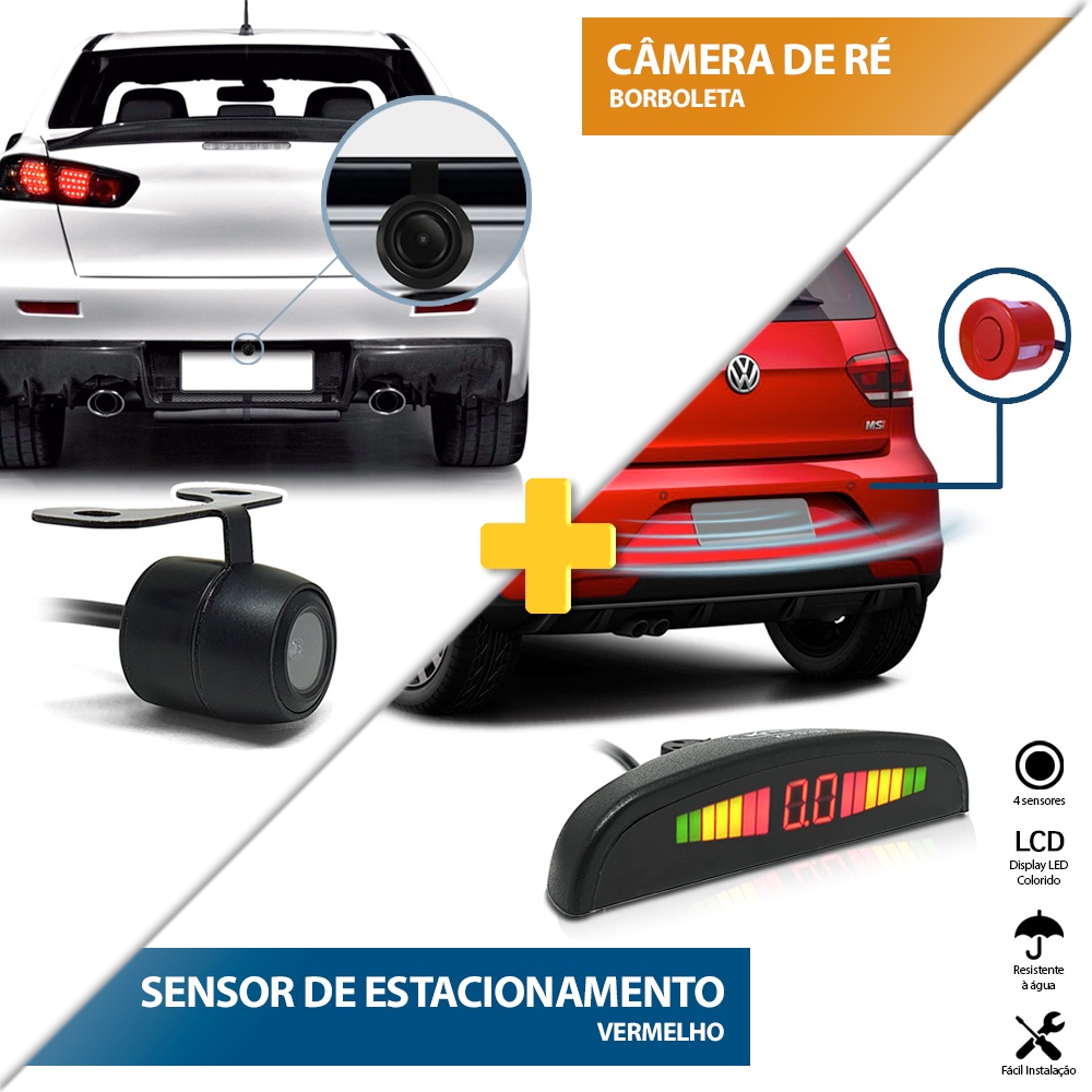 Kit Sensor de Ré Vermelho + Câmera de Ré Traseira Nissan X-terra Xterra 2004 2005 2006 2007 2008 Estacionamento Aviso Sonoro Display Medidor Distância