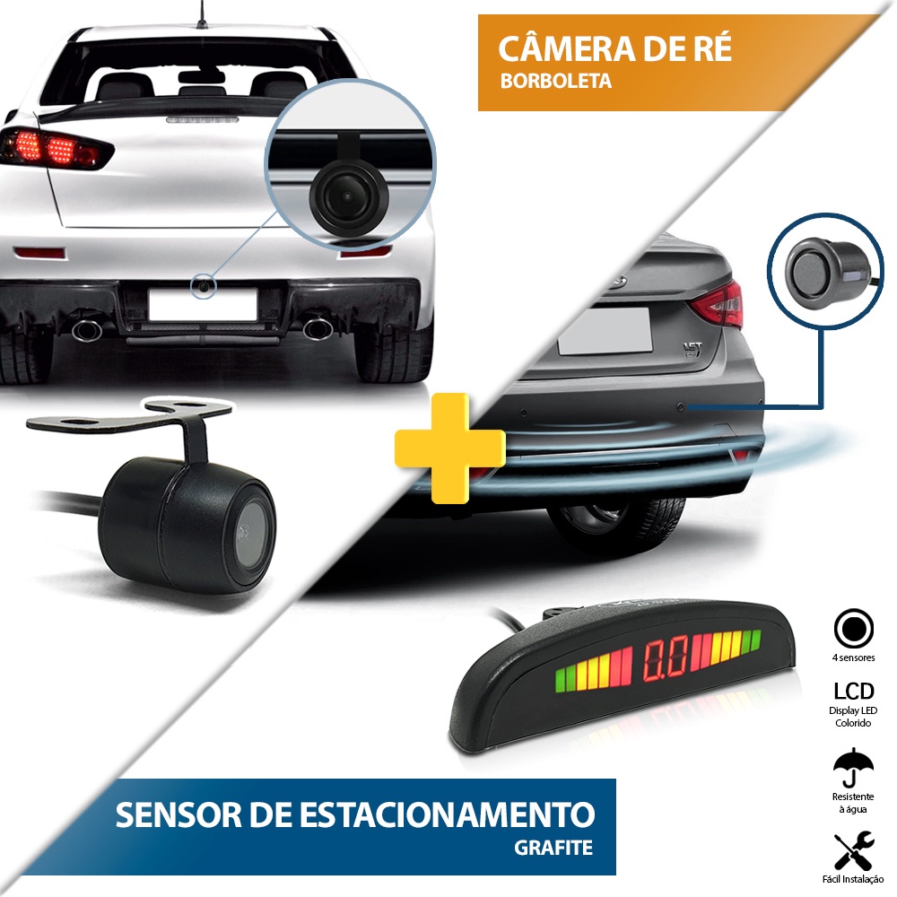 Kit Sensor de Ré Cinza + Câmera de Ré Traseira Nissan X-terra Xterra 2004 2005 2006 2007 2008 Estacionamento Aviso Sonoro Display Medidor Distância Chumbo Grafite