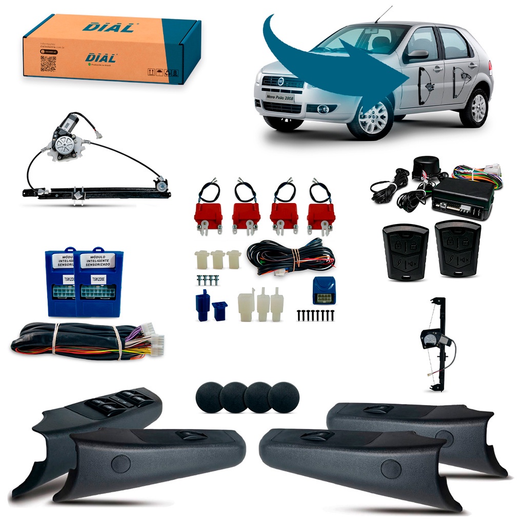 Kit Vidro Eletrico + Trava e Alarme Novo Palio 4P Completo Ate 2011 Inteligente