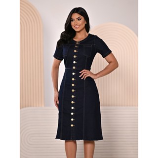 Vestido Evangelico Jeans Anagrom Botoes e Bolsos Ref.5025