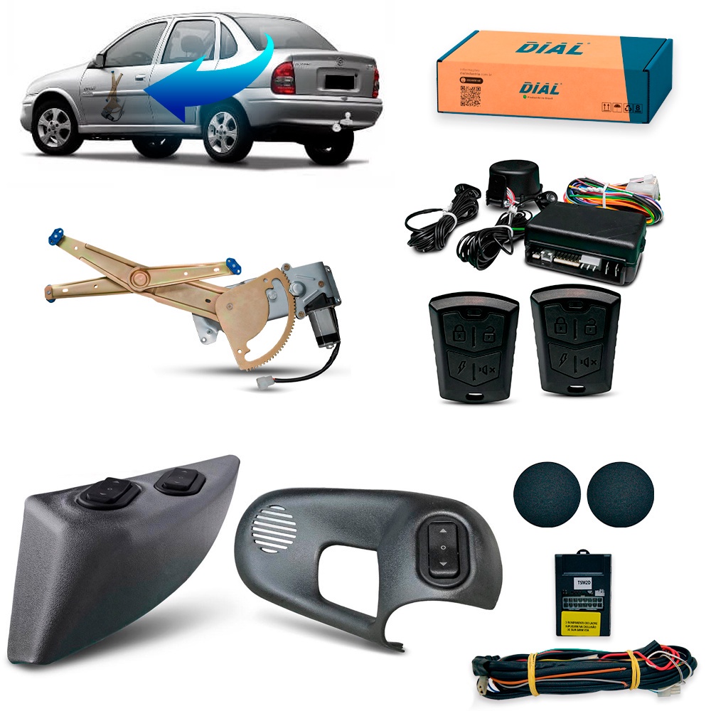 Kit Vidro Eletrico + Alarme Classic 4P Dianteiro (1996/2016) c/3 botões Inteligente Moldura Cinza