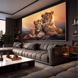 Quadro Decorativo 110x80cm Família Leão com dois filhotes horizontal