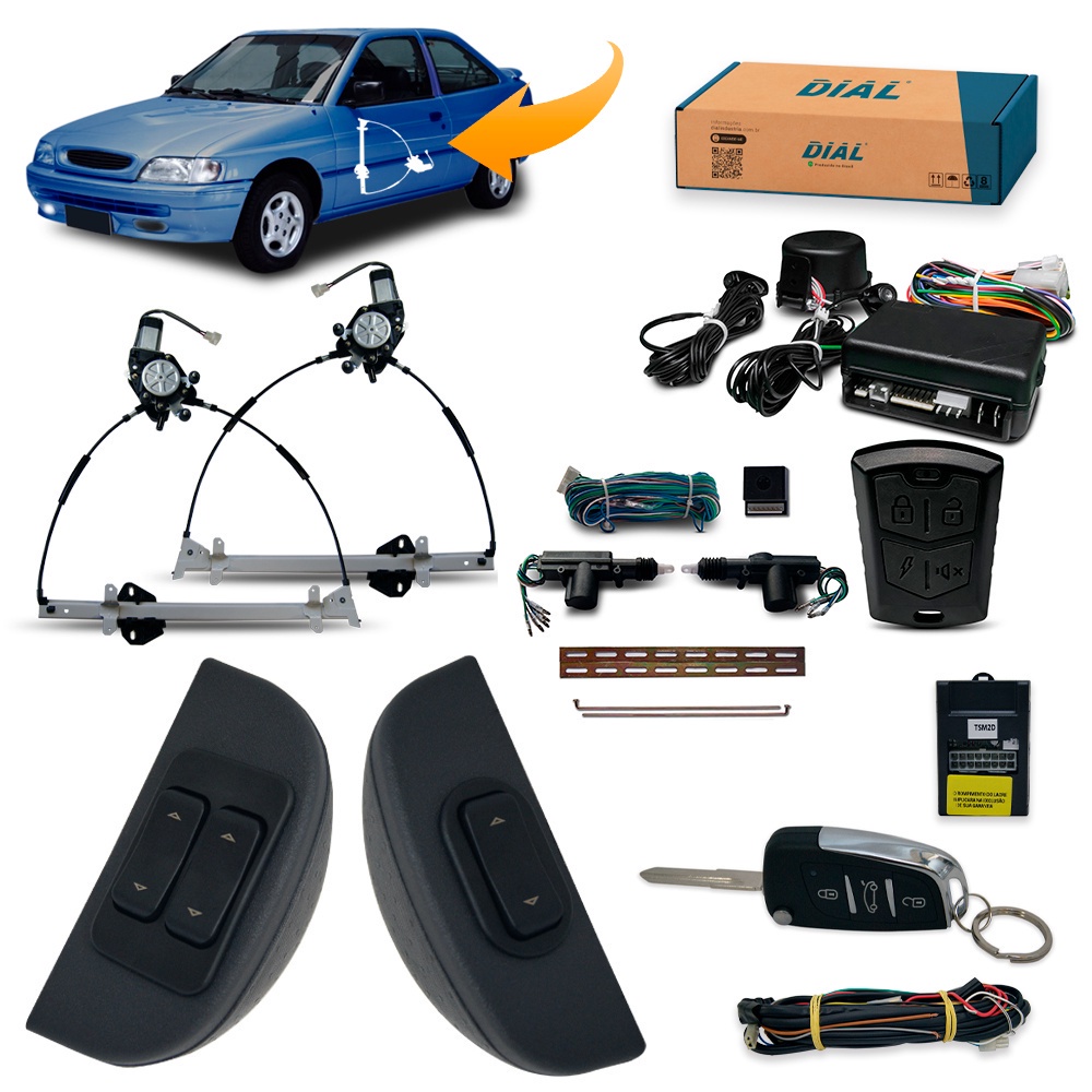 Kit Vidro Eletrico + Trava e Alarme c/Canivete Escort Sapao Logus Pointer 2P Inteligente