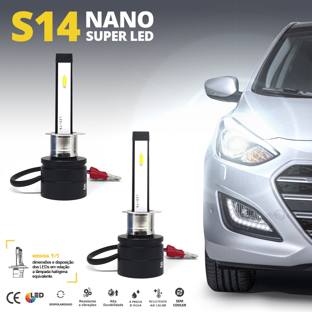 Par Lâmpadas H1 Farol Alto Peugeot 307 Super Led Mini Nano 6000k 7200 Lumens Sem Adaptar Furar Tampa de Borracha Shocklight S14