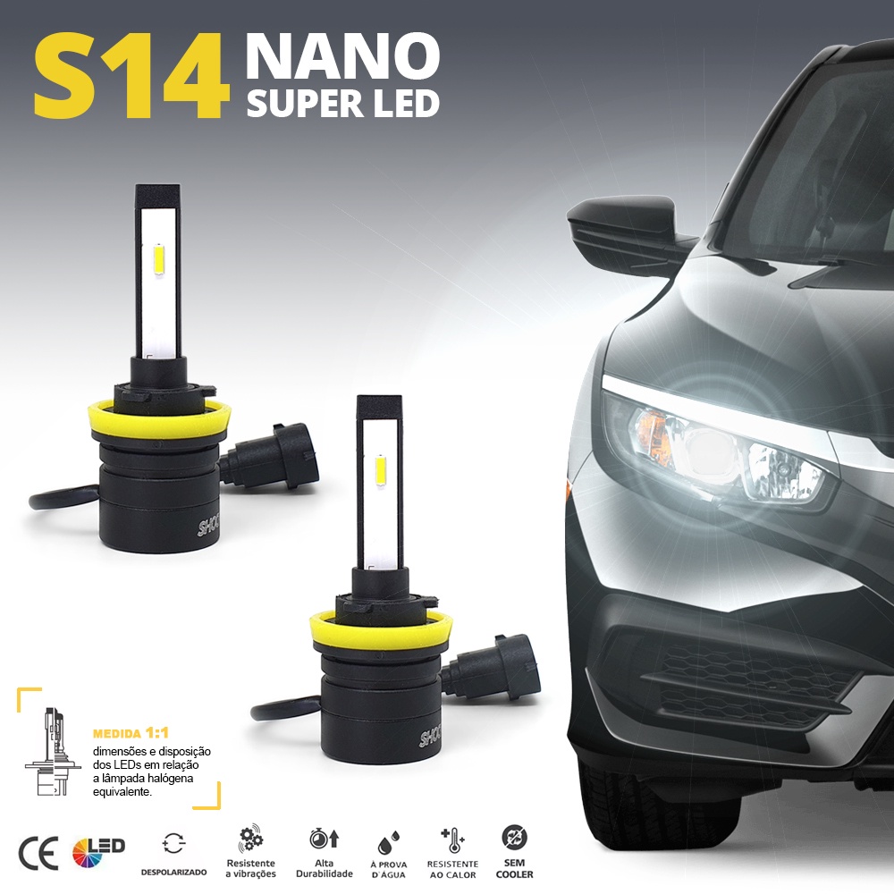 Par Lâmpadas H11 Farol Milha Nissan Sentra 2014 2015 2016 2017 2018 2019 2020 Super Led Mini Nano 6000k 7200 Lumens Sem Adaptar Furar Tampa de Borracha Shocklight S14