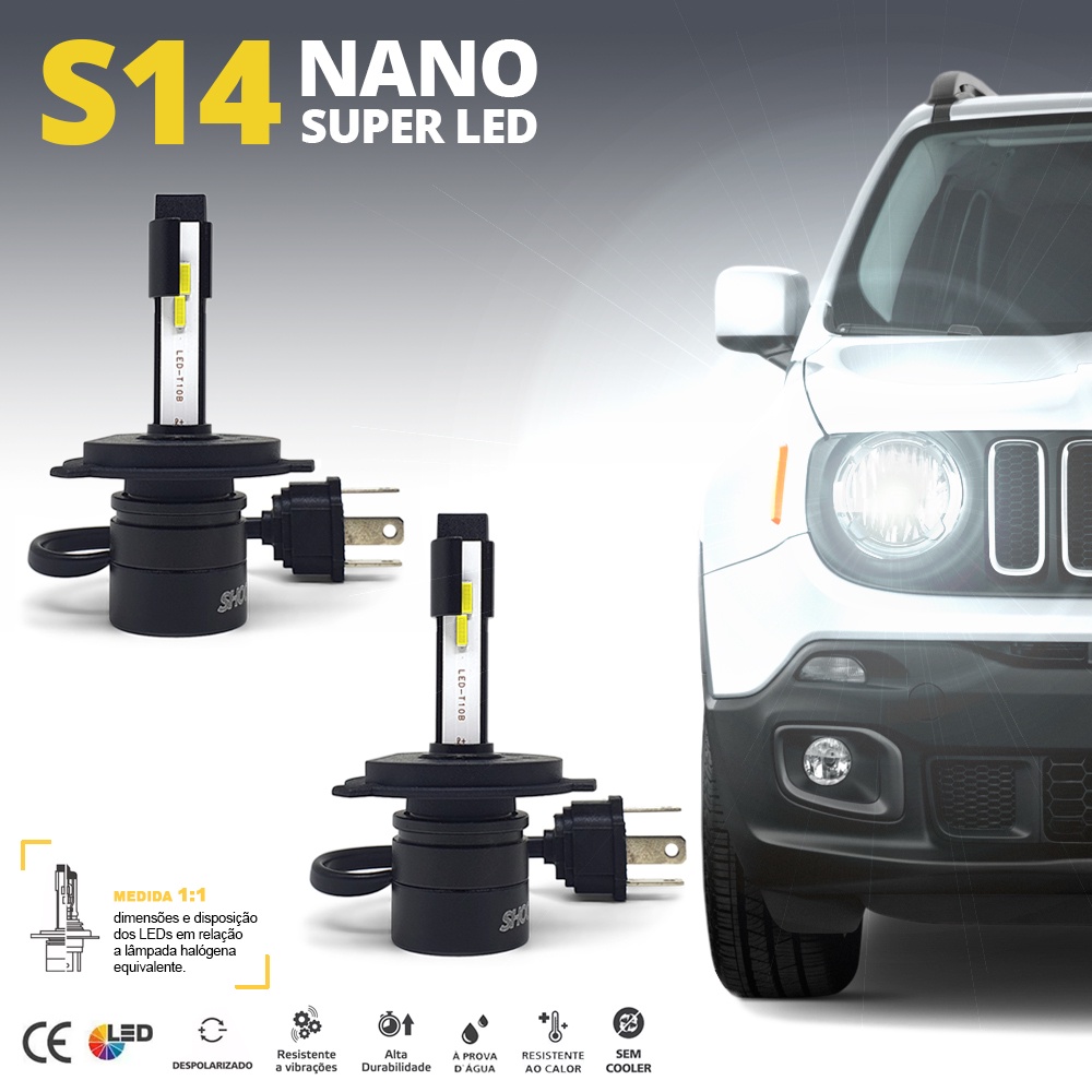 Par Lâmpadas H4 Farol Alto Baixo Honda New Fit 2009 2010 2011 2012 2013 2014 Super Led Mini Nano 6000k 7200 Lumens Sem Adaptar Furar Tampa de Borracha Shocklight S14