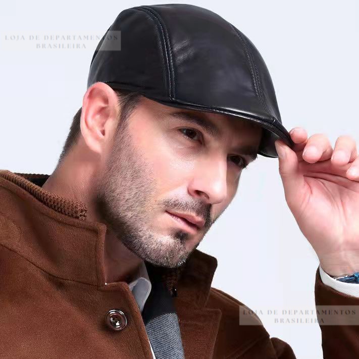 Boina Italiana masculina lisa - Boinas Italiana Estilo Inverno Touca Boné Couro ecológico Preta