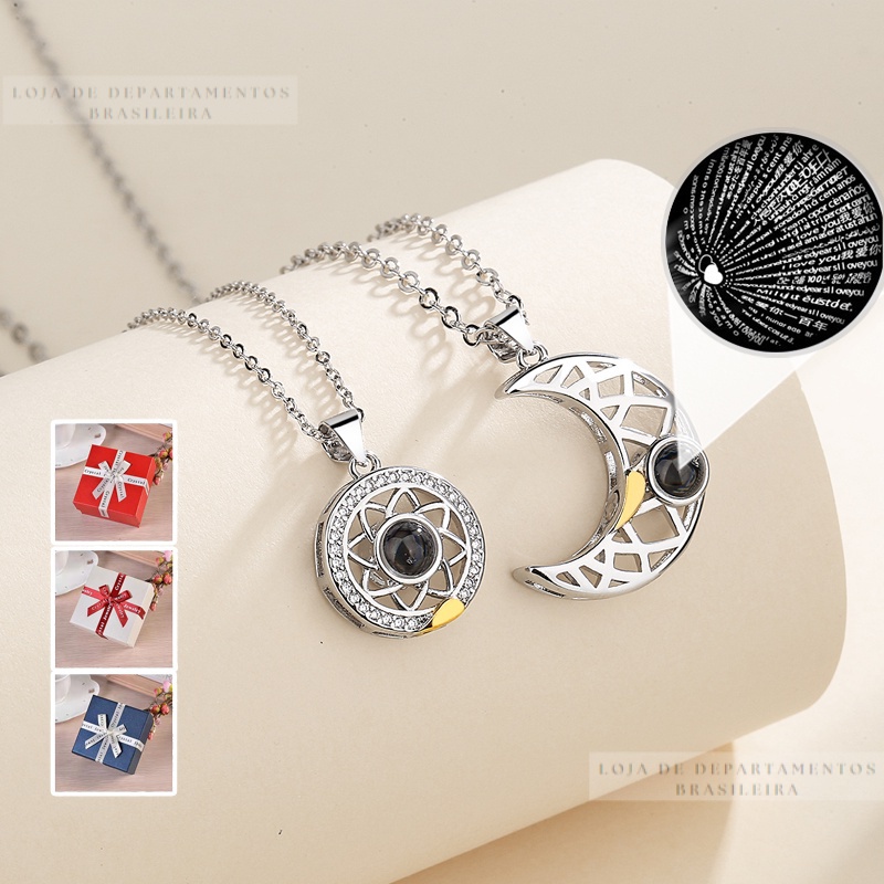 Imagem 100 idiomas eu te Amo Colar projeção pingente sol e lua amor memória confissão colar casal presente do dia dos namorados