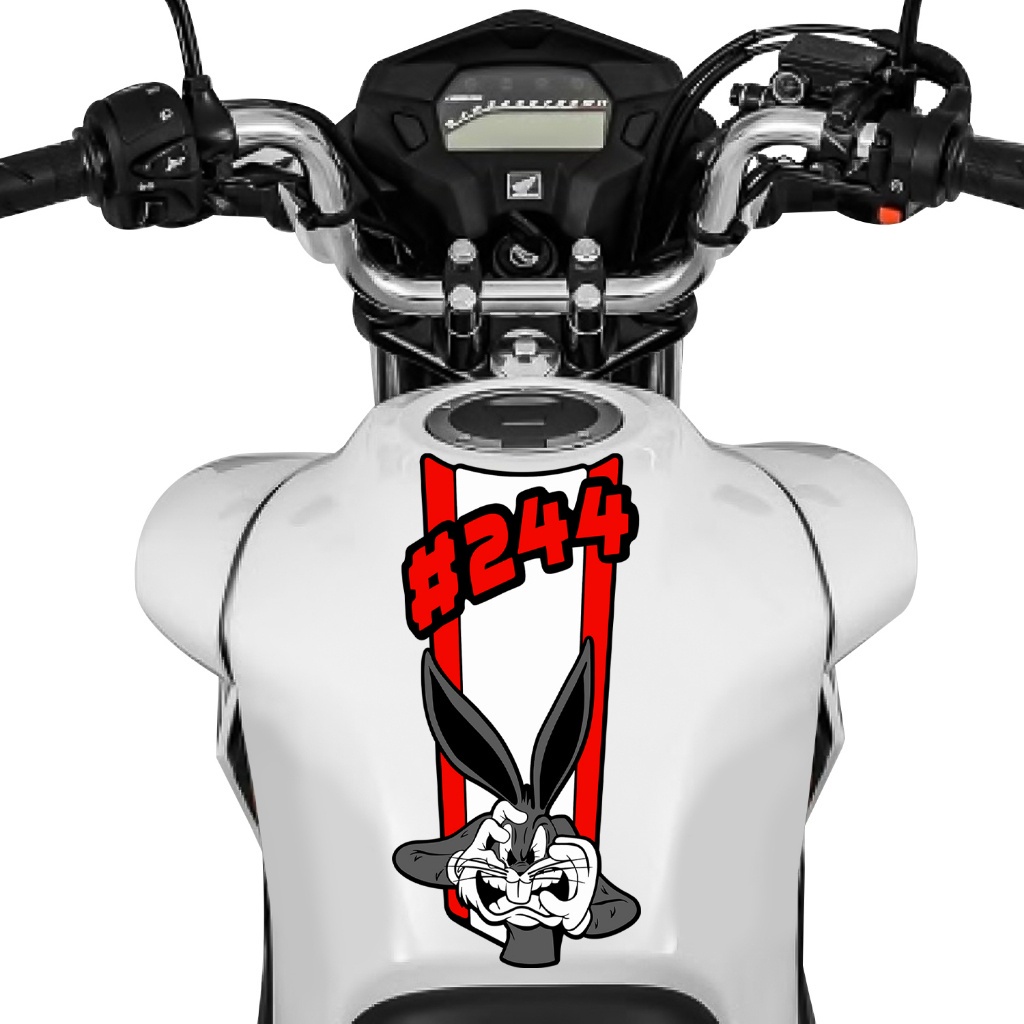 Adesivo Tanque de Moto 244 Coelho Cinza e Vermelho Decorativo Sticker