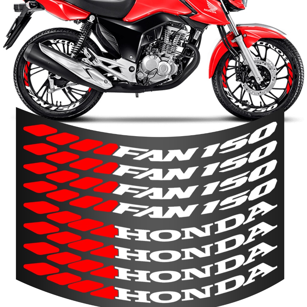 Conjunto 8 Adesivo Roda Fan 150 Grande Para Moto Branco e Vermelho Colante