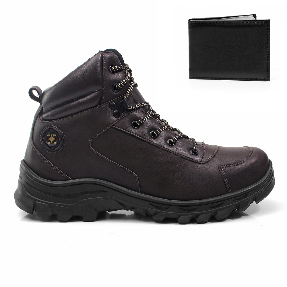 Bota Masculina Adventure Trilha Discovery Coturno Masculino Kit Com Carteira