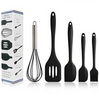 Kit Com 5 Utensílios De Silicone Espátulas de Cozinha Antiderrapante Utensilios Cozinha Preto