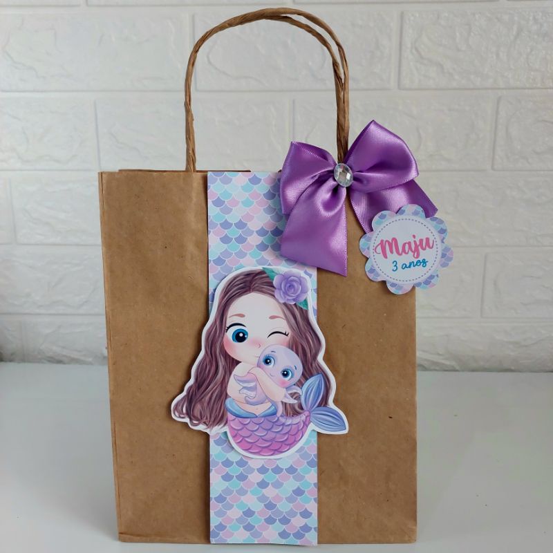 Sacolinha Surpresa  Kraft tema SEREIA CUTE AQUARELA (Fazemos qualquer tema) LEMBRANCINHAS e PERSONALIZADOS SEREIA CUTE