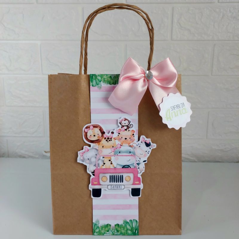 Sacolinha Surpresa Kraft tema Safari Baby Menina (Fazemos qualquer tema) LEMBRANCINHAS MIMOS PERSONALIZADOS SAFARI MENINA