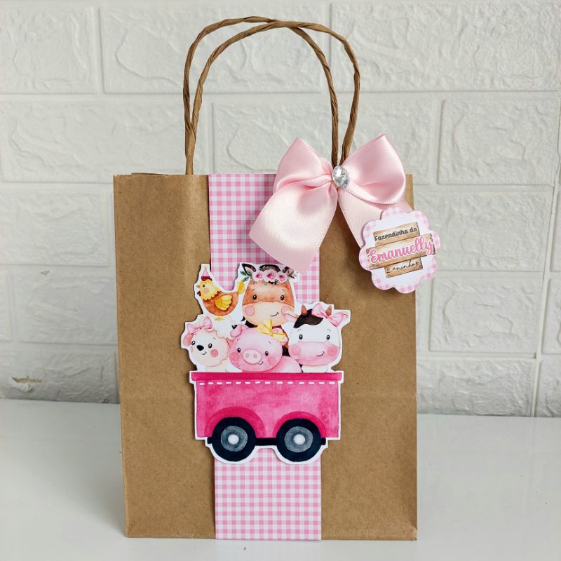 Sacolinha Surpresa Kraft tema Fazendinha Rosa Menina (Fazemos qualquer tema) LEMBRANCINHA PERSONALIZADOS FAZENDINHA ROSA