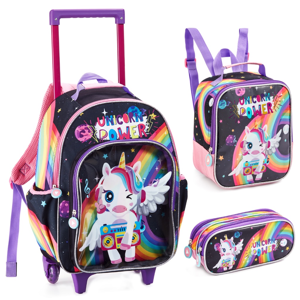 Kit Mochila de Rodinha Estojo Lancheira Escolar Menina Unicórnio Feminino