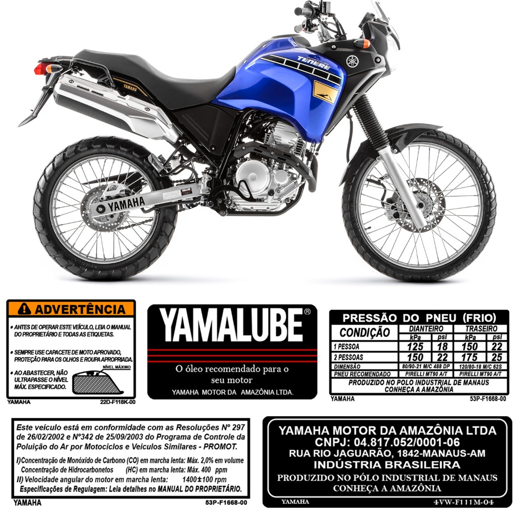 Kit 5 Adesivos Etiqueta Tenere Moto Compatível Yamalube Advertência Tanque Pressão dos Pneu