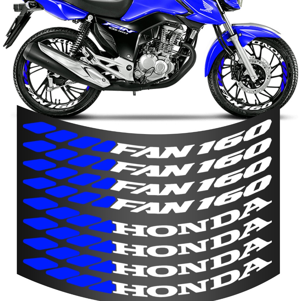Kit 8 Adesivo Roda Fan 160 Grande Para Moto Branco e Azul Colante