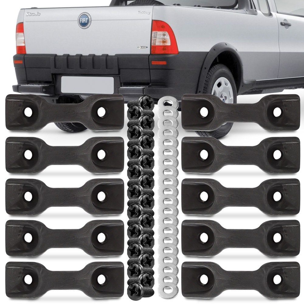 Kit 10 Ganchos Para Caçamba Fiat Strada 1997 A 2014 Toro Jogo de Parafusos e Arruelas