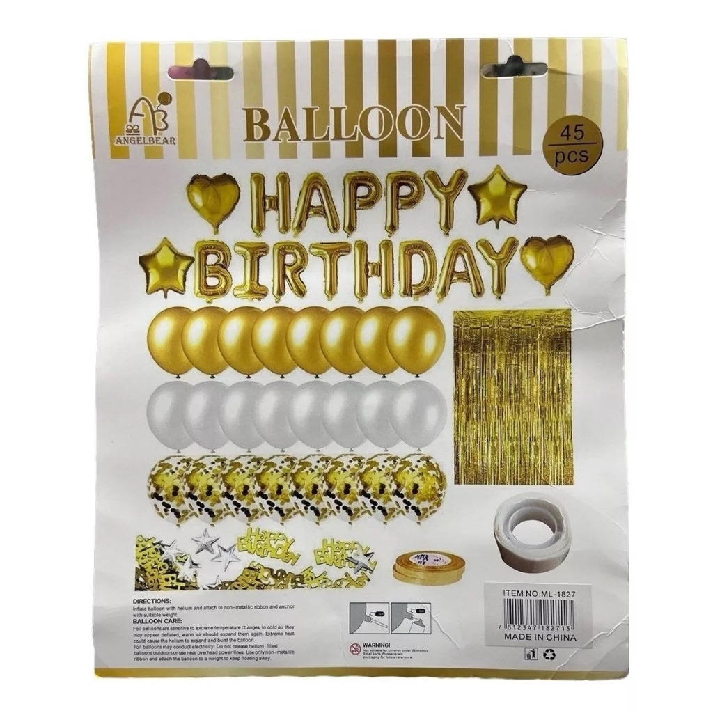 Kit Bexiga Balão cortina Metalizado Happy Birthday Festa Decoração Aniversario 45pçs Dourado