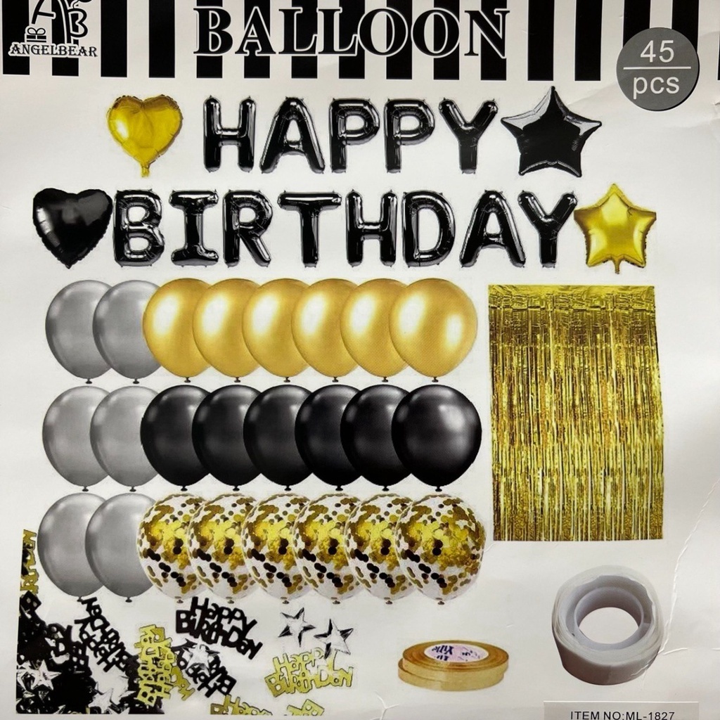 Kit Bexiga Balão Cortina Metalizado Happy Birthday Festa Decoração Aniversario 45pçs - Preto / Dourado