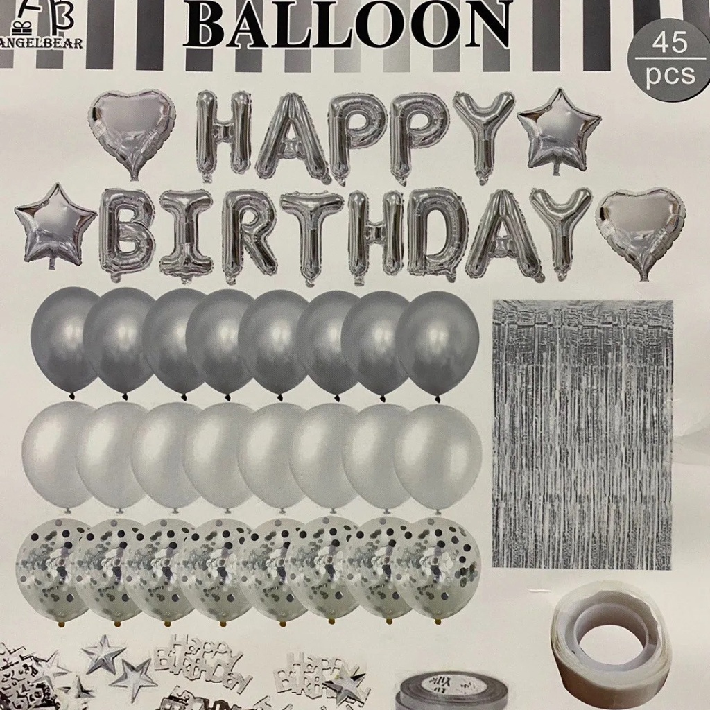 Kit Bexiga Balão Cortina Metalizado Happy Birthday Festa Decoração Aniversario 45pçs Prata