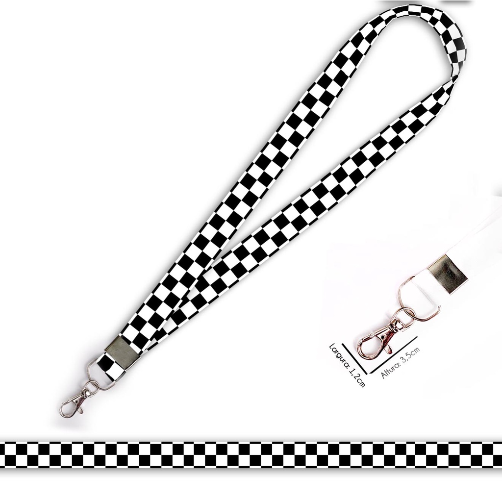 Cordão personalizado Quadriculado Preto e Branco para crachá ou chaveiro com Mosquete em Oferta na Shopee