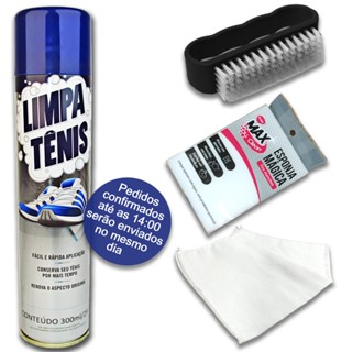 kit 1 Limpa Tênis 1 Esponja Magica 1 Flanela 1 Escova Limpa Branco  Colorido Espuma Spray ...