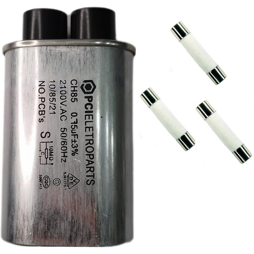 Capacitor Para Microondas 0,75uf 3 Terminais pinos + 3 fusivel 20a