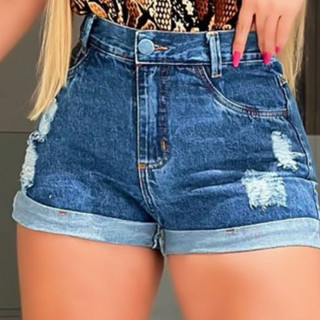 Short Jeans Feminino Barra Dobrada Destroyed, SHOPPIWEB