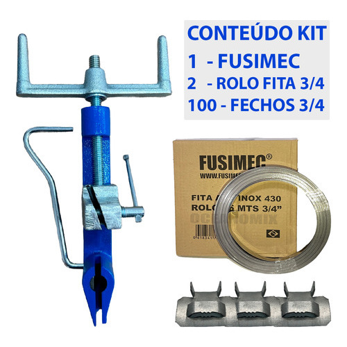 Kit 1 MAQUINA DE CINTAR FUSIMEC FITA DE AÇO INOX CINTAR FUSIMEC Poste + 2 Rolos 25m Fita 3/4 + 100 Fechos 3/4 - LINK+