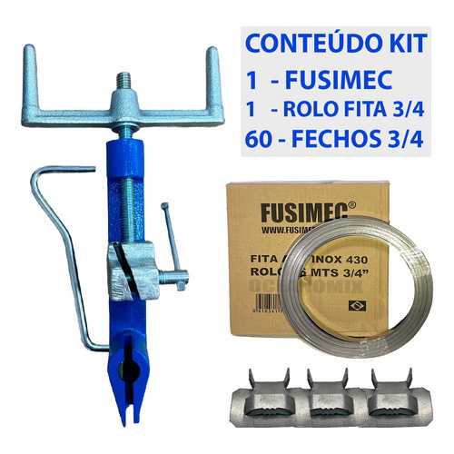 Kit 1 MAQUINA DE CINTAR FUSIMEC FITA DE AÇO INOX CINTAR FUSIMEC Poste + 1 Rolo 25m Fita 3/4 + 60 Fechos 3/4 - AZUL