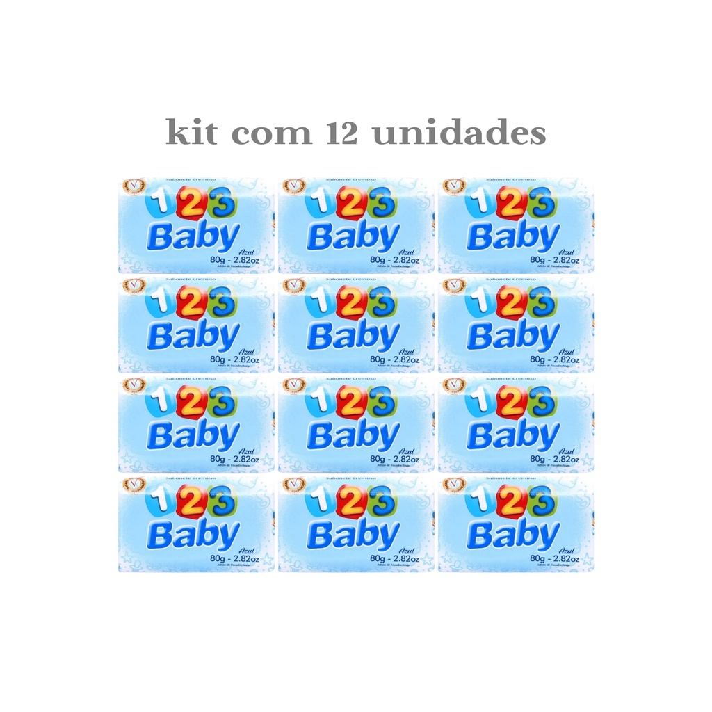 Sabonete Cremoso em barra 123 Baby Azul e Rosa - Kit com 12 Unidades