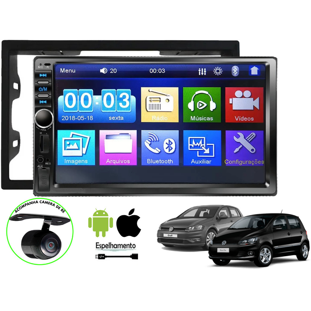 Kit Central Multimidia + Camera de Ré + Moldura Polo 03 até 13 Mp5 Player Espelhamento Bluetooth Sd