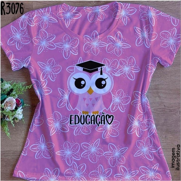 T-shirt Camiseta Camisa Baby Look Blusa Feminina Coruja Educação Rosa em Oferta na Shopee