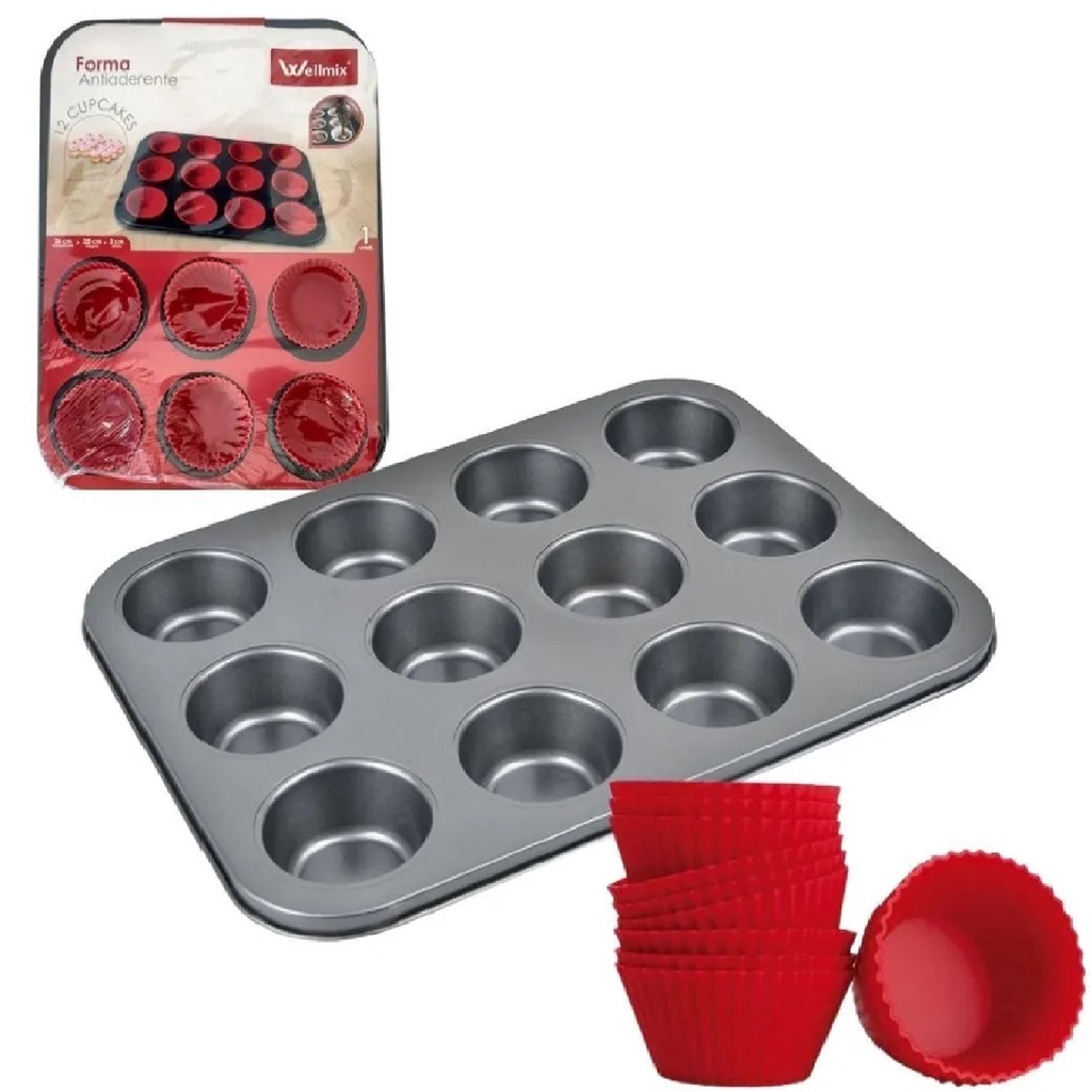 Travessa Assadeira Antiaderente + 12 Formas Silicone Cupcake