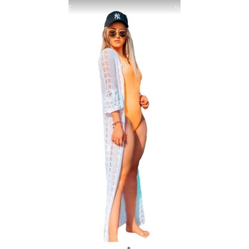 Saída de Praia Feminina Longa Tricô Sustentável Fio Ecológico Manga 7/8  36 ao 42 Lupinacci Tricot