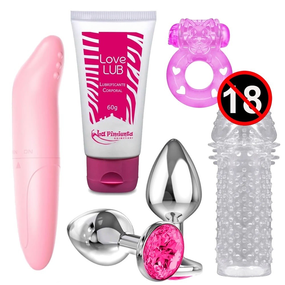 Plug Anal + Vibrador Feminino Ponto G + Anel Peniano + Capa Peniana + Lubrificante Intimo - SEX SHOP