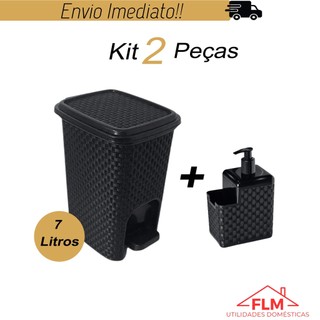 Kit Limpeza Lixeira 7 litros Rattan e ‎Porta Detergente e Esponja com Bico Dosador Rattan