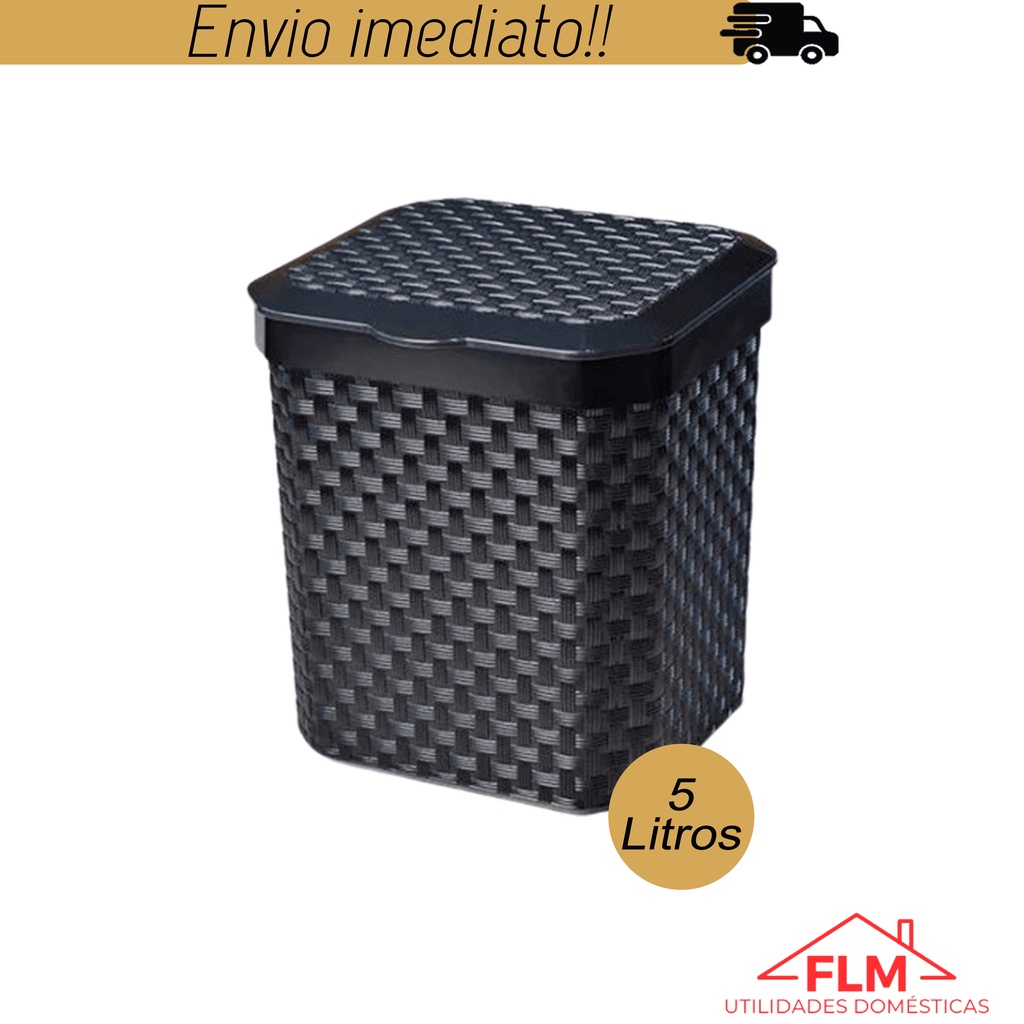Lixeira Pia Rattan 5 Litros Preta Cozinha Banheiro Com Tampa Multiuso Arqplast