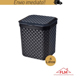 Lixeira Pia Rattan 5 Litros Preta Cozinha Banheiro Com Tampa Multiuso Arqplast