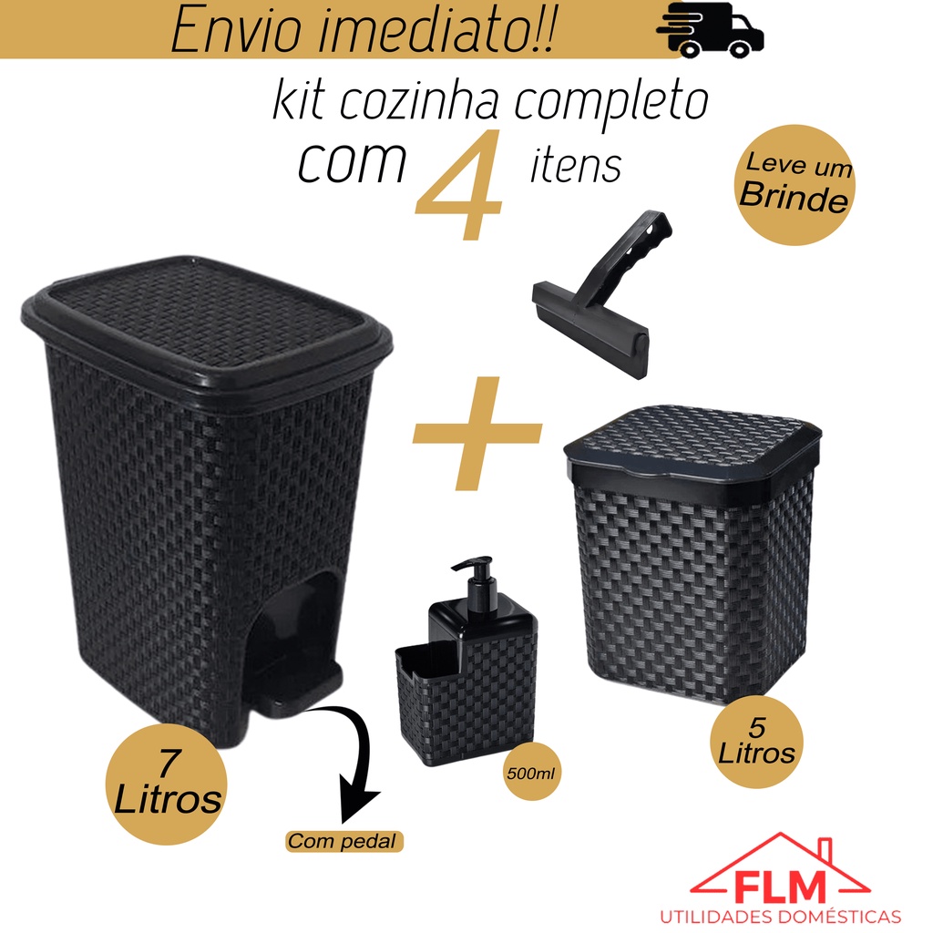 Kit Lixeira Pia 5 Litros + Lixeira 7 Litros com Pedal + Porta Detergente + Rodo de Pia Kit Cozinha 4 Peças