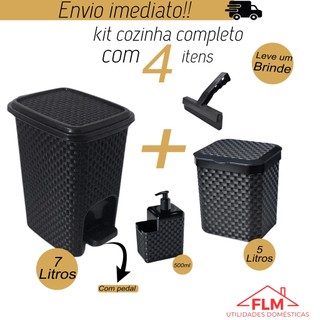 Kit Lixeira Pia 5 Litros + Lixeira 7 Litros com Pedal + Porta Detergente + Rodo de Pia Kit Cozinha 4 Peças
