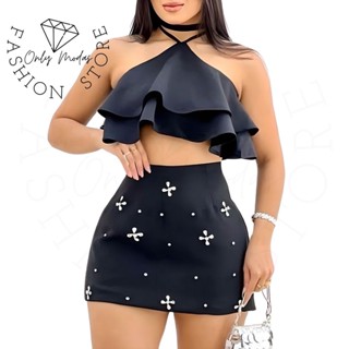 Conjunto Feminino Preto Cropped sem Bojo e Saia com Detalhe em Flor