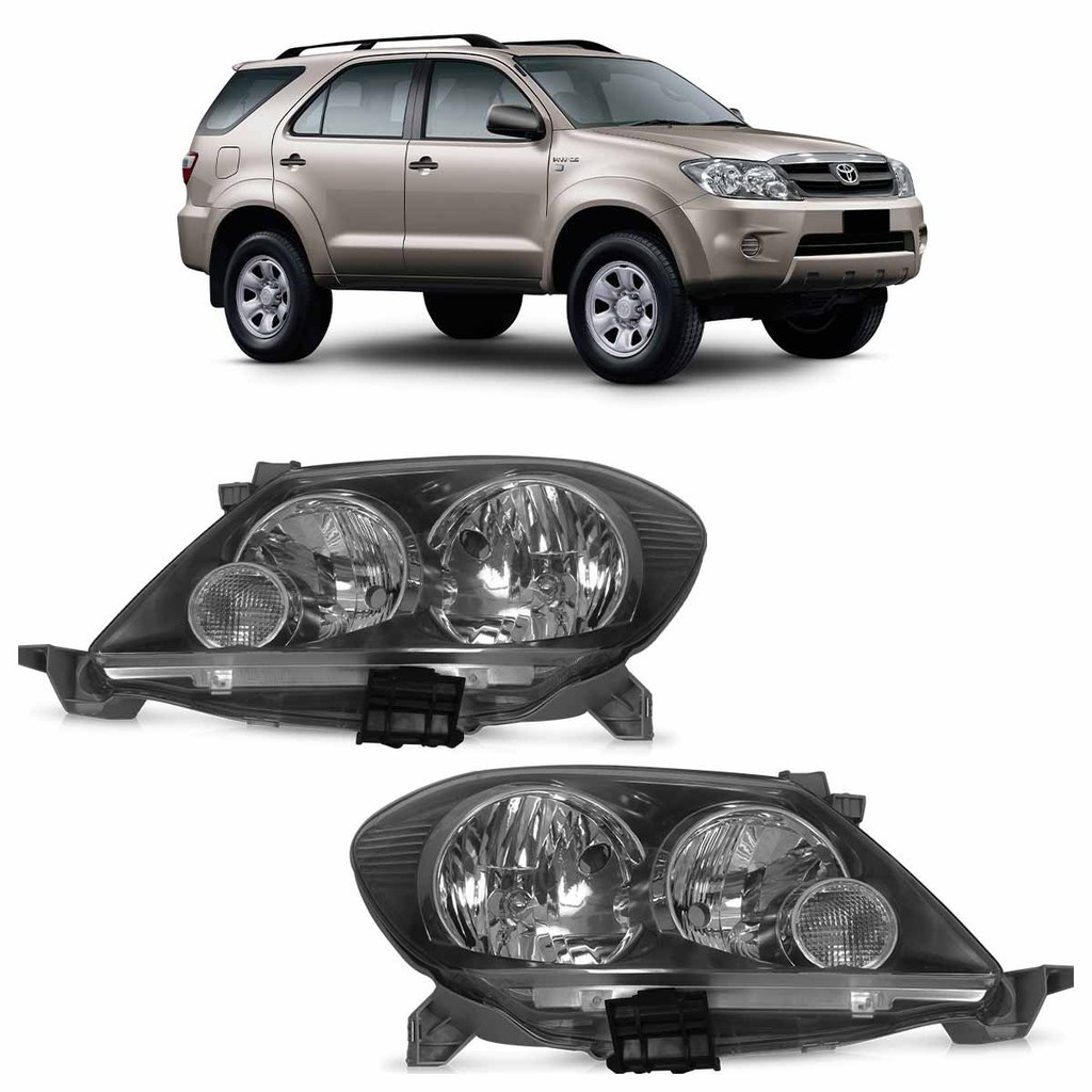 Farol Dianteiro Hilux SW4 2005 2006 2007 2008 Máscara Negra Lente Lisa Acrilico
